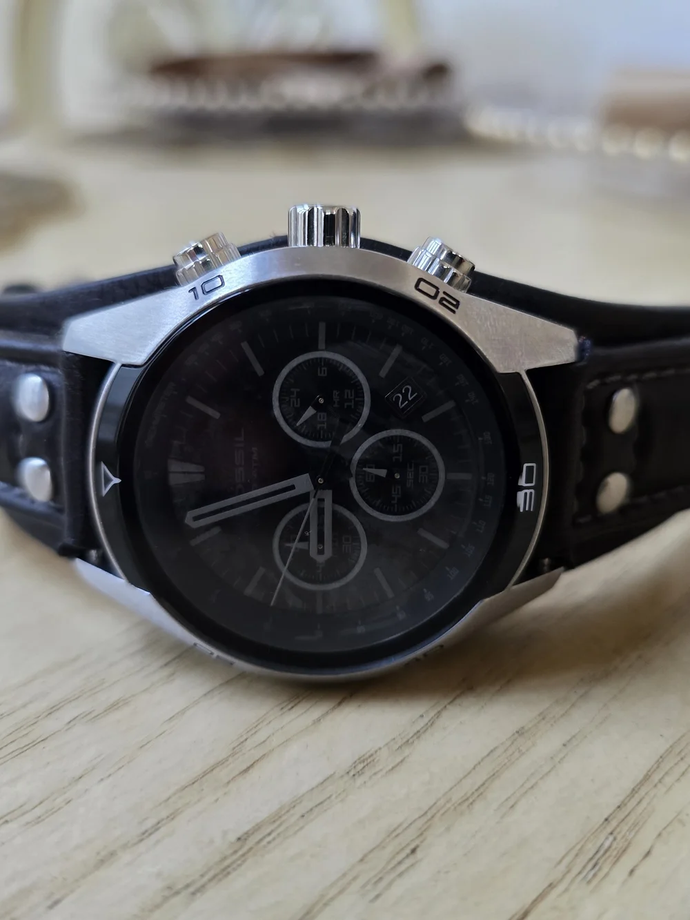 Fossil Black Dial Silver-Tone Chronograph Watch with Black Leather Strap